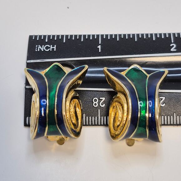 Vintage Emerald Green Royal Blue and Gold-tone Tulip Cloisonne Clip-on Earrings - Picture 11 of 11